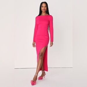 NEW Lulus Dreaming About You Hot Pink Maxi Dress Slit Bodycon Medium NWT